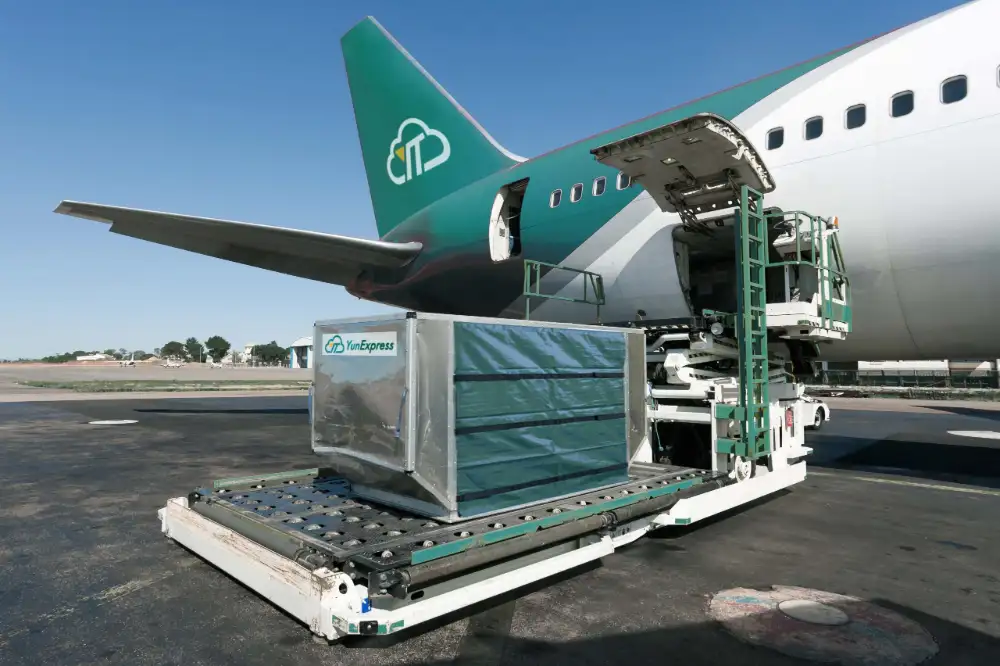 A YunExpress air cargo container being loaded onto a freighter aircraft